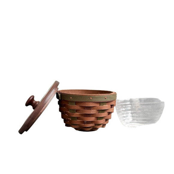 Longaberger Vintage Warm Brown Green Splint Small Bowl Basket Lid & Protector - Picture 3 of 6